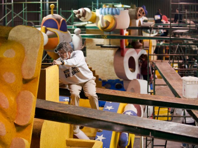 Volunteers work on scaffolds high above the ground. The floats at Rosemont Pavilion are on view through Monday, and there are still volunteer opportunities.