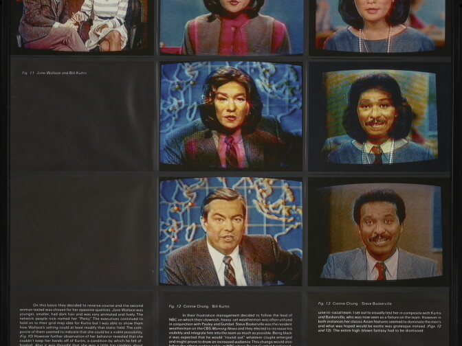 Robert Heinecken, American, 1931–2006.
"A Case Study in Finding an Appropriate TV Newswoman" (A CBS Docudrama in Words and Pictures) (detail), 1984. Dye bleach prints.Framed: 112.4 X 108 cm (44 1/4 X 42 1/2 in.)
Hammer Museum, Los Angeles. Partial purchase through The Board of Overseers Acquisition Fund and Partial Gift of Marc Selwyn © The Robert Heinecken Trust