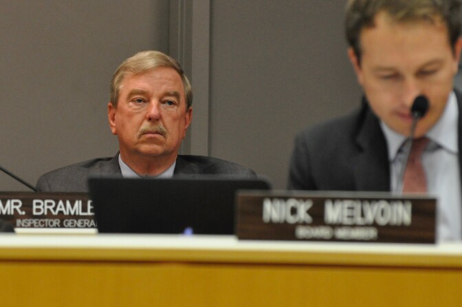 Ken Bramlett, the Inspector General of the L.A. Unified School District (left), attends a school board meeting on Tues., June 5, 2018.