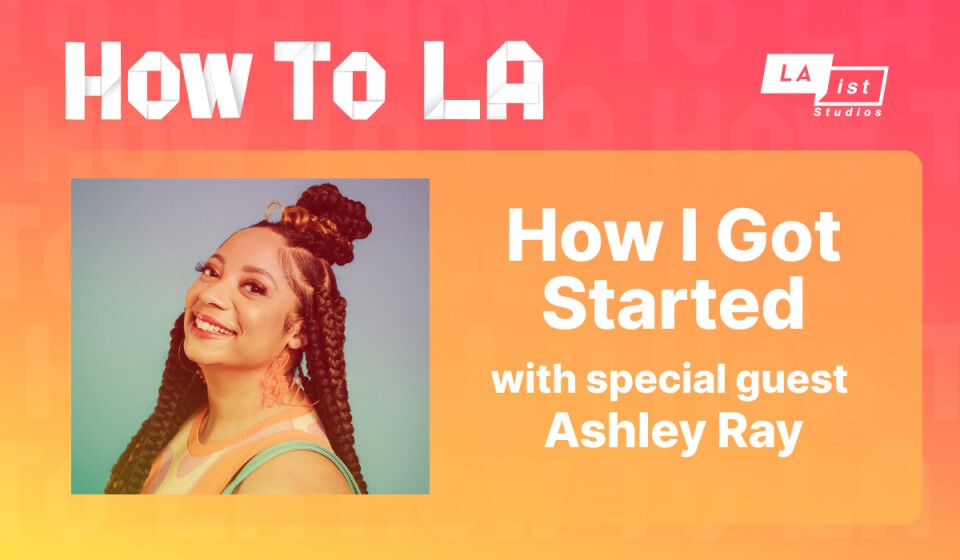 Headshot of a Black woman, side profile, smiling with long braids and a top knot. The photo is surrounded by an orange frame with the words "How I Got Started with special guest Ashley Ray" printed on the side