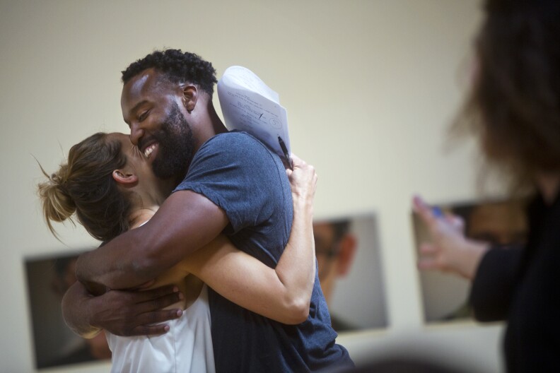 Bertie, left, and Baron Davis embrace while performing a scene from "Chinatown" during the final day of Joan Scheckel's three-day lab on Sunday, May 3, 2015 at Scheckel's Hollywood studio called "The Space."