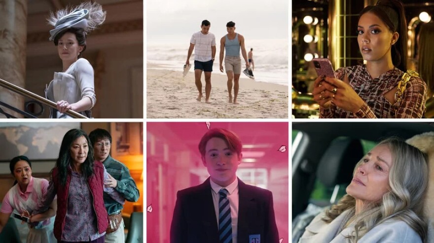 Six stills from television shows and movies show a woman in the 1800s, two men walking a beach, a woman looking at a cell phone, a family looking scared, a young man in love, and a mother in anguish.
