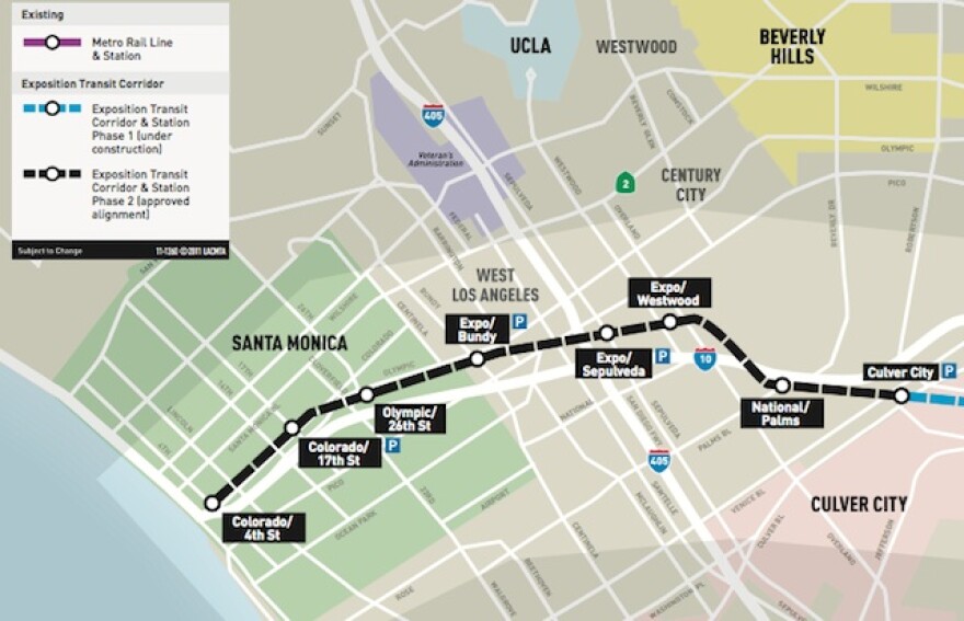 A Metro map shows the course of the Expo Line Phase 2, expected to open in 2016.