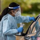 LAS VEGAS, NEVADA - APRIL 06:  Certified medical assistant Yatziri Perez conducts a test for COVID-19 at a drive-up testing station in the parking lot of UNLV Medicine on April 6, 2020 in Las Vegas, Nevada. UNLV Medicine, the clinical arm of the UNLV School of Medicine, has tested more than 2,000 pre-screened people since beginning its free curbside testing operation on March 23rd, but currently has only enough test kits to continue through tomorrow due to the national shortage of kits. The school will continue or restart testing if it is able to procure more kits. The World Health Organization declared the coronavirus (COVID-19) a global pandemic on March 11th.  (Photo by Ethan Miller/Getty Images)