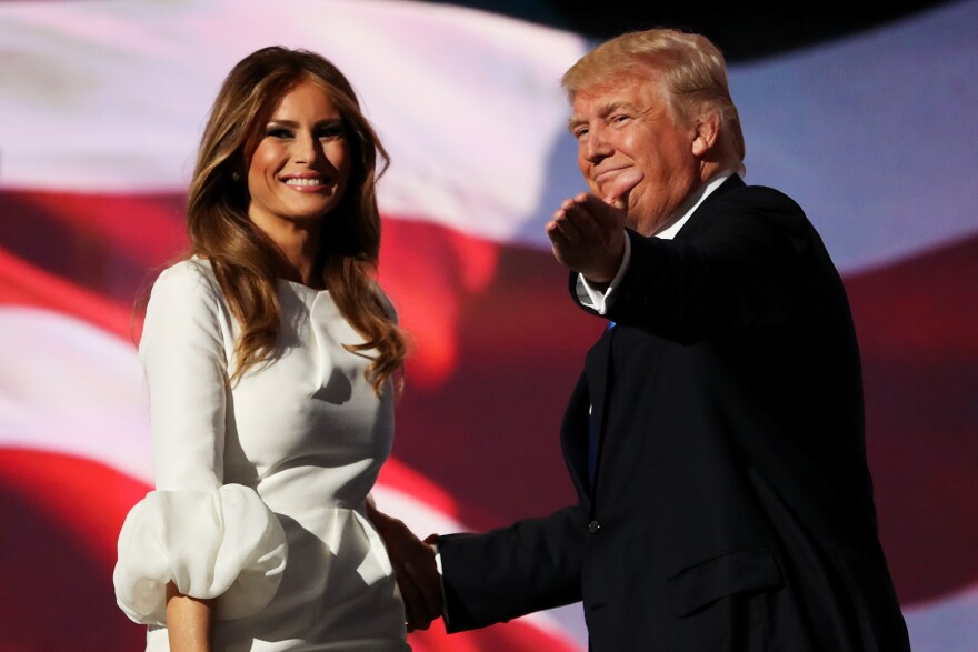 CLEVELAND, OH - JULY 18:  Presumptive Republican presidential nominee Donald Trump introduces his wife Melania on the first day of the Republican National Convention on July 18, 2016 at the Quicken Loans Arena in Cleveland, Ohio. An estimated 50,000 people are expected in Cleveland, including hundreds of protesters and members of the media. The four-day Republican National Convention kicks off on July 18.  (Photo by Joe Raedle/Getty Images)