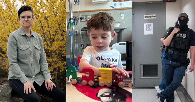Three photos side by side. Right photo shows a woman seated, wearing a light green button up shirt. There are trees with yellow flowers in the background. Middle photo shows a little boy, playing with a toy train. There is an IV pole behind him, the boy appears to be in a hospital room. Right photo shows a person with a black mask over the lower portion of their face, leaning against a wall. They are armed with a gun and wearing a black vest with the word "police" on it.  
