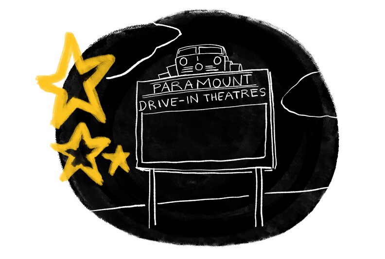 Gold stars float around a simple line drawing of a sign that reads "Paramount Drive-In Theatres."