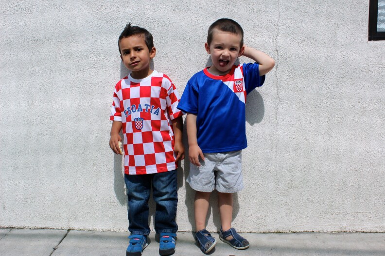 Three-year-olds Roko Bilan and Aiden Zuvich don the jerseys of the Croatian national team.
