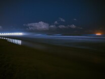 Blue waves are visible on a dark beach. 