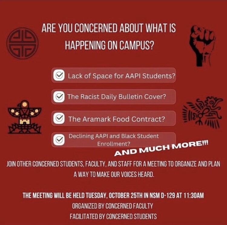 red flyer that says "ARE YOU CONCERNED ABOUT WHAT IS HAPPENING ON CAMPUS?"