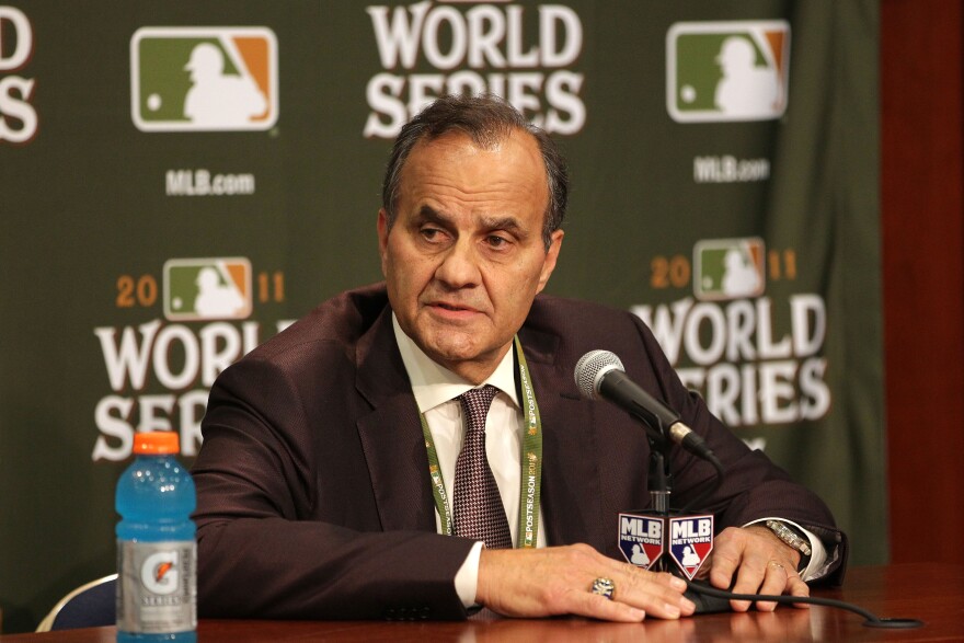 ARLINGTON, TX - OCTOBER 23:  MLB vice president of baseball operations Joe Torre addresses the media to discuss a missed call in Game Three by first base umpire Ron Kulpa prior to Game Four of the MLB World Series between the St. Louis Cardinals and the Texas Rangers at Rangers Ballpark in Arlington on October 23, 2011 in Arlington, Texas.  (Photo by Doug Pensinger/Getty Images)