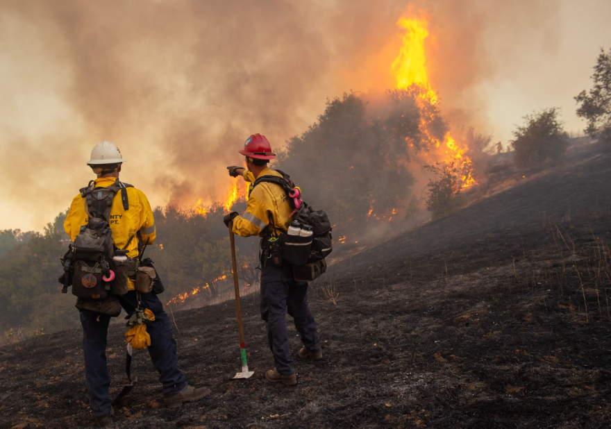 Two men in firefighting gear and hard hats are standing on a burned hillside with burning trees and shrubs in the distance.