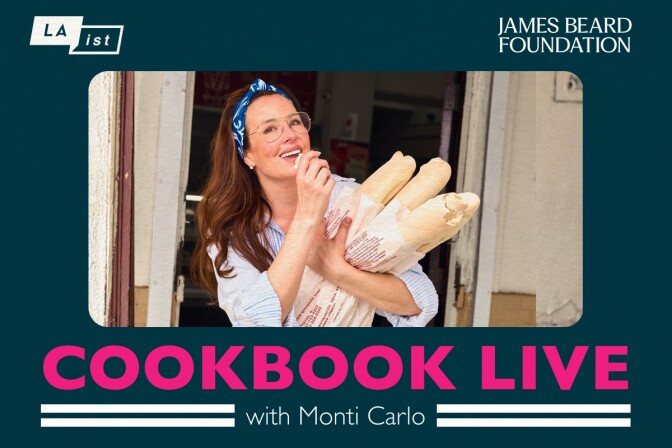 Promotional graphic for "Cookbook Live with Monti Carlo," featuring a photo of Monti Carlo smiling and holding several large loaves of bread. The image includes logos for LAist and the James Beard Foundation against a dark teal background with pink and white text.