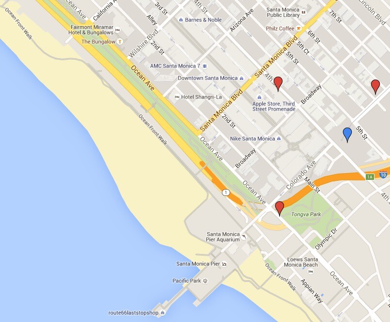 A map of points of interest near the Downtown Santa Monica Expo Line station.