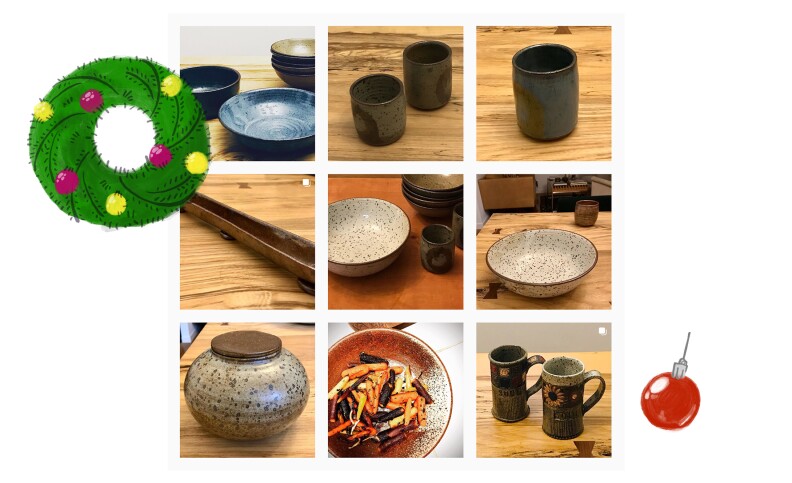 A grid of photos of various ceramics with rustic, mottled glazes.