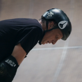 Tony Hawk on a skate ramp looking exhausted