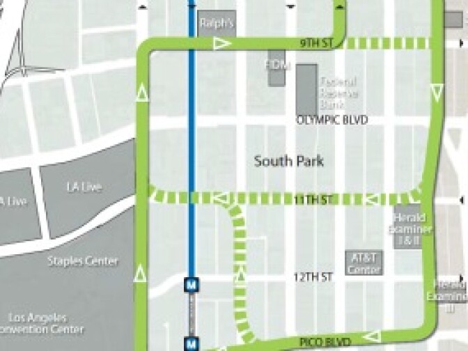 A portion of the route for the proposed streetcar system in downtown Los Angeles.