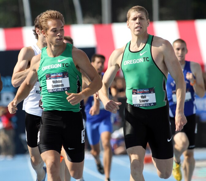 Nick Symmonds, left, looks toward teammate Matt Scherer as the pair finish a first-round heat of the 800-meter at the USA Outdoor Track and Field Championships, Thursday, June 24, 2010, at Drake University in Des Moines, Iowa. 
