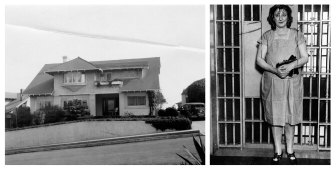 A black and white wide shot of a home from the street on the left. On the right is a view of a woman from the ground up smiling while standing in front of a jail cell's doors.