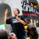 Melina Abdullah from Black Lives Matter addresses the crowd during a demonstration to ask for the removal of District Attorney Jackie Lacey in front of the Hall of Justice, in Los Angeles, California, on June 17, 2020. (Photo by VALERIE MACON / AFP) (Photo by VALERIE MACON/AFP via Getty Images)