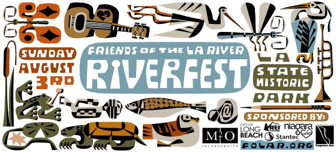 Poster for 'Friends of the LA River Riverfest' on August 3, 2025. It includes includes stylized illustrations of animals, musical instruments and nature elements.