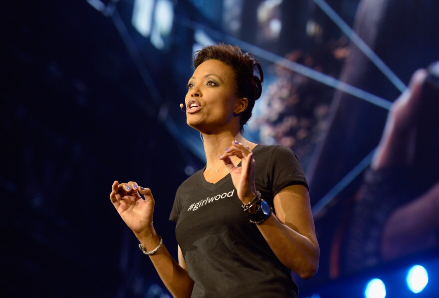 Actress Aisha Tyler, host of the Ubisoft news conference, speaks during the Electronic Entertainment Expo at the Los Angeles Theater on June 10, 2013 in Los Angeles, California. Thousands are expected to attend the annual three-day convention to see the latest games and announcements from the gaming industry.  