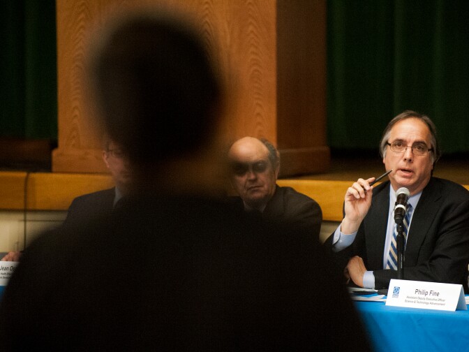SCAQMD Executive Officer Barry Wallerstein speaks to residents during a town hall meeting discussing recent findings from air monitoring and enforcement efforts related to AllenCo Energy, Inc. in the University Park. The meeting was hosted by the South Coast Air Quality Management District on Wednesday at Mount St. Mary's College.