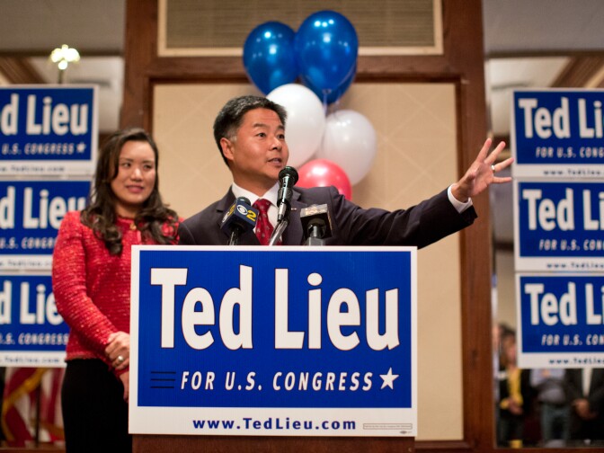 Congressional candidate Ted Lieu speaks to supporters during his election gathering at the Proud Bird near LAX on Tuesday night, June 3.