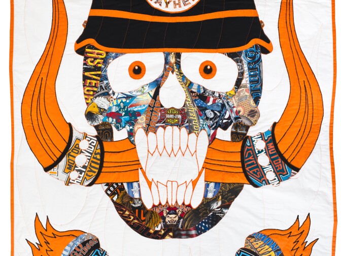 Ben Venom, Killed by Death, 2013, hand-made quilt, Harley Davidson T-shirts, fabric, 50” x 75”. Courtesy of the artist 