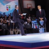 MARCH 2011: U.S. President Barack Obama (R) and moderator Jorge Ramos participate in an education town hall hosted by Univision at Bell Multicultural High School, Washington, DC. Fusion, Univision's new English language channel will launch tonight with another Ramos interview with President Obama. 