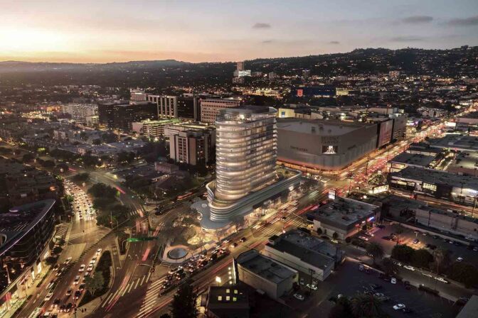 An artist's conception shows a newly approved mixed-use project near the Beverly Center in Los Angeles that will include some affordable housing units and a ground-level market.