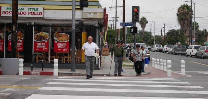 Through the Vision Zero initiative, L.A. Department of Transportation is making safety improvements to 95 miles of streets, including more high visibility "zebra" crosswalks like this one.