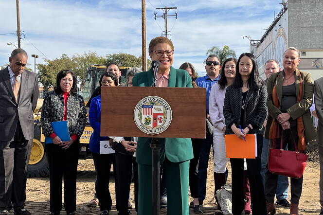 L.A. Mayor Karen Bass stands at a construction site in Boyle Heights to announce her executive order fast-tracking affordable housing approval in the city. 