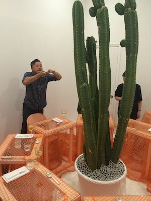 The Dining Room is the setting for the second course. Diners are seated in a circle surrounding a tall cactus at tables draped in a nylon orange netting.