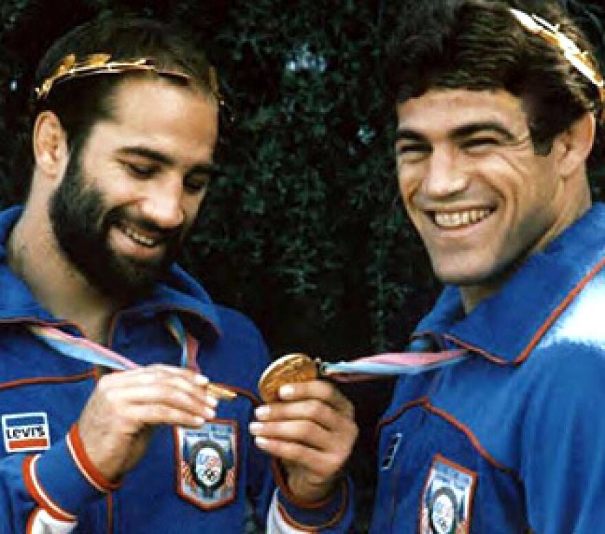 Dave (L) and Mark Schultz shortly after each of them won a gold medal in freestyle wrestling at the 1984 Olympics in Los Angeles. They are the only brothers in US wrestling history to each win Wold and Olympic championships.
