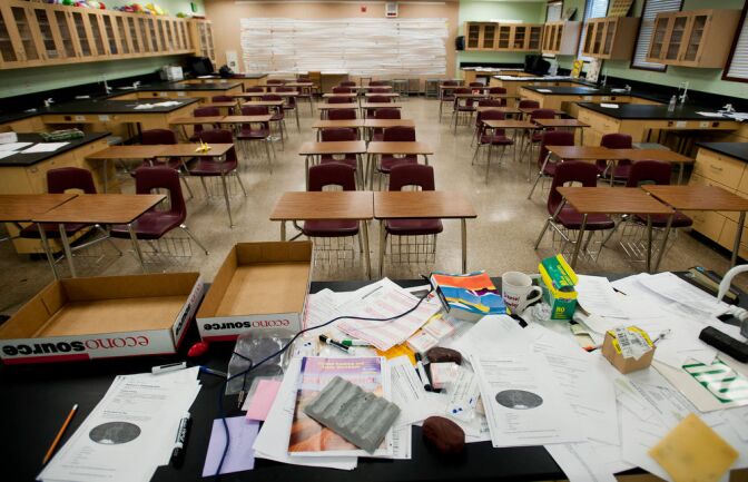 New science labs are larger than the usual classroom, featuring separate work areas, a projector, and speakers built into the ceilings.