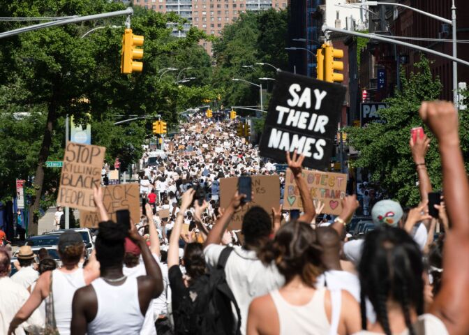 NEW YORK, NY - JUNE 14: Thousands fill the streets in support of Black Trans Lives Matter and George Floyd on June 14, 2020 in the Brooklyn borough of New York City. Protests continue around the country in the wake of the death of Floyd while in Minneapolis police custody on May 25.  (Photo by Michael Noble Jr./Getty Images)