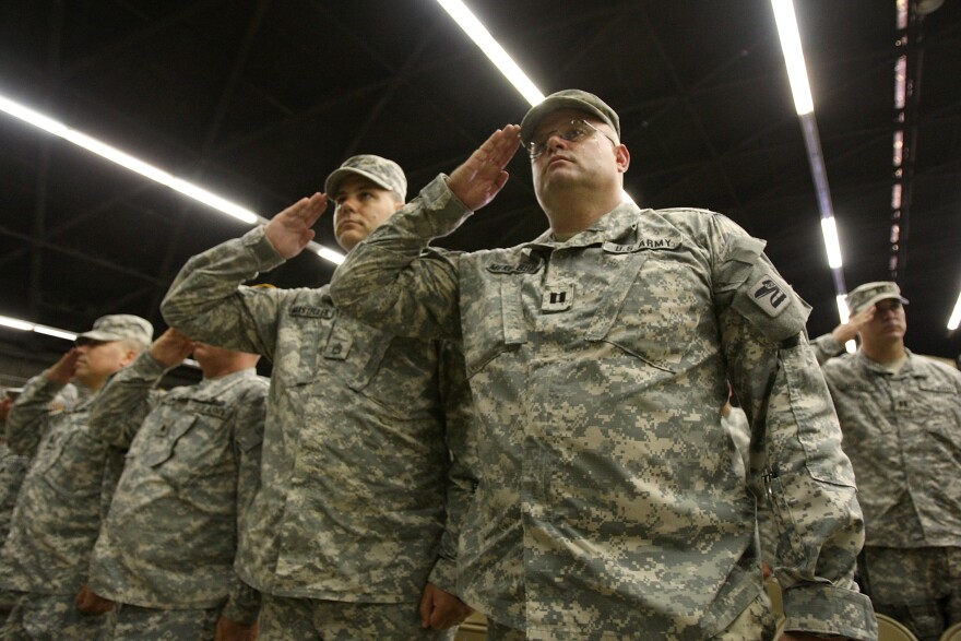 File: Soldiers attend their farewell ceremony for about 850 California National Guardsmen from the 1st Battalion, 185th Armor on Aug. 22, 2008 in San Bernardino.