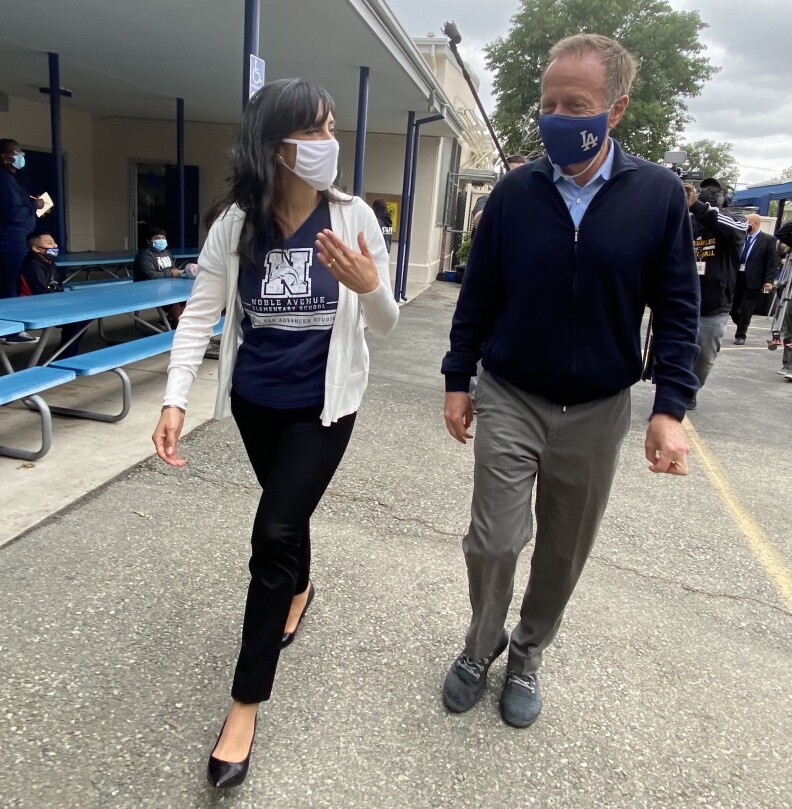L.A. Unified School District Superintendent Austin Beutner (right) tours Noble Elementary in North Hills on April 13, 2021.
