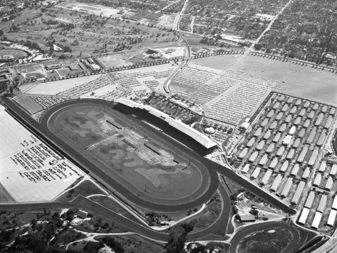 Aerial view of Santa Anita Park and Racetrack, located at 285 W. Huntington Drive in the city of Arcadia; view is looking southeast. 