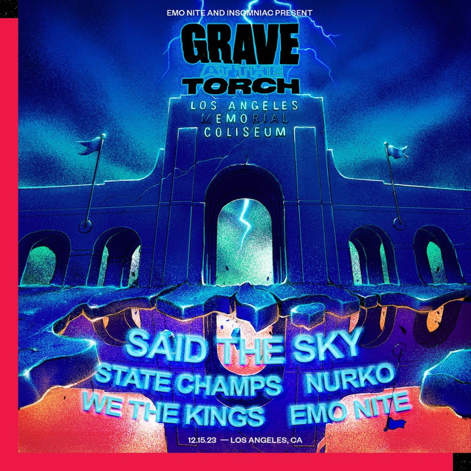 A flyer for 'Grave At the Torch' shows an edited image of the LA Memorial Coliseum with a lightning strike above it.