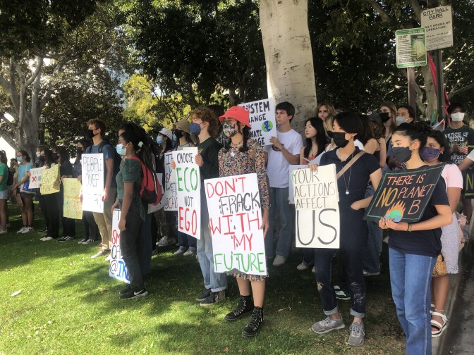 Young people stand on a lawn holding signs at a rally for climate action. 