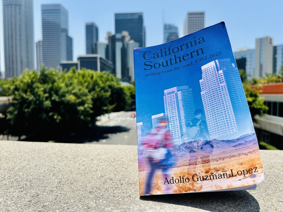 A book with a city skyline as backdrop