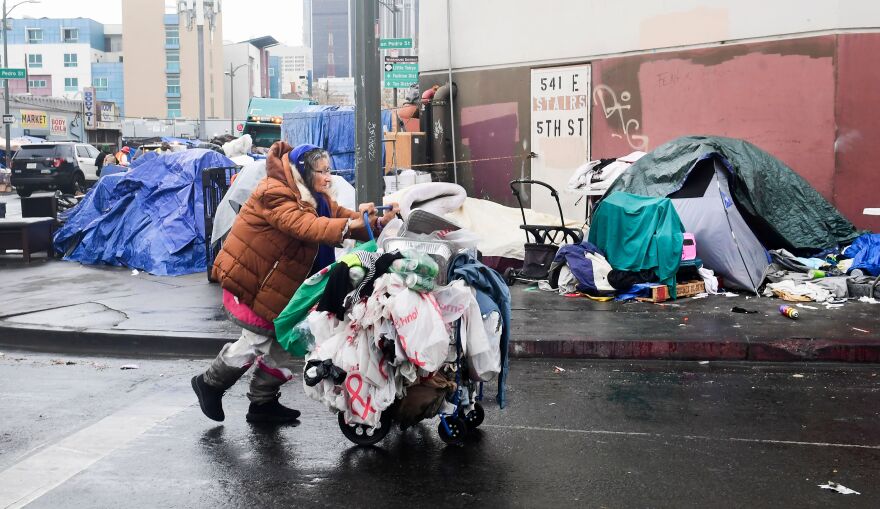 Tarps cover homeless peoples' tents on Skid Row on a cloudy day in Los Angeles. In the foreground, a woman pushes a shopping cart full of her belongings.