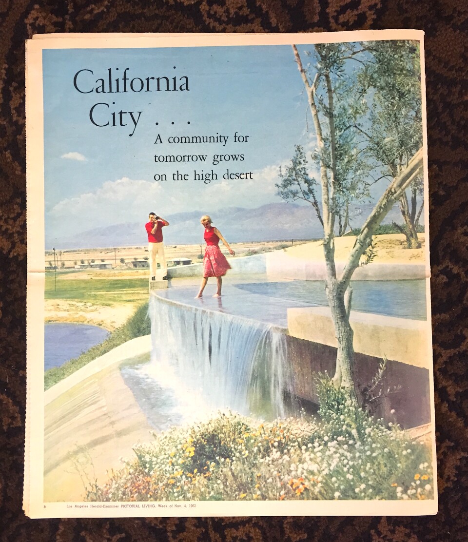 A 1962 advertisement for California City from the Los Angeles Herald Examiner highlights the city's abundant water supplies, despite being in the Mojave Desert.