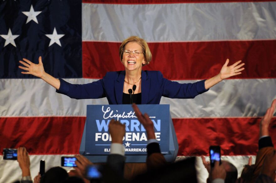 Elizabeth Warren takes the stage for her acceptance after beating incumbent U.S. Senator Scott Bown at the Copley Fairmont November 6, 2012 Boston, Massachusetts. The campaign was highly contested and closely watched and went down to the wire.  