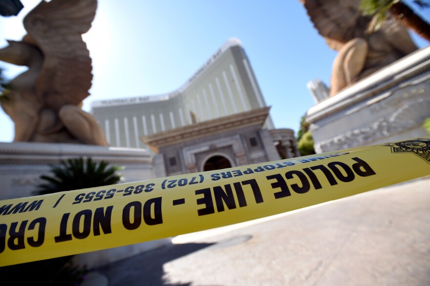 LAS VEGAS, NV - OCTOBER 04:  Police tape blocks an entrance at the Mandalay Bay Resort & Caisno on October 4, 2017 in Las Vegas, Nevada. Added security to some Las Vegas casinos was implemented in response to Sunday night's shooting on October 3, 2017 in Las Vegas, Nevada. Late Sunday night, a lone gunman killed at least 59 people and injured more than 500 after he opened fire on a large crowd at the Route 91 Harvest country music festival. The massacre is one of the deadliest mass shooting events in U.S. history.  (Photo by David Becker/Getty Images)