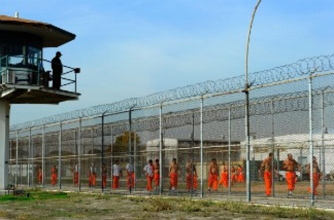 California Department of Corrections officer looks on as inmates at Chino State Prison exercise in the yard December 10, 2010 in Chino, California.