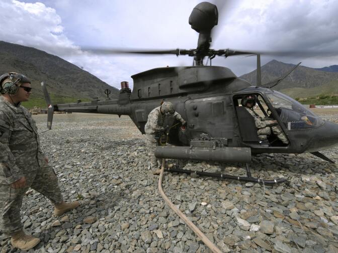 U.S. Army soldiers from the 101st Airborne Division refill a OH-58 Kiowa helicopter at the ISAF's Camp Bostick in Naray, Afghanistan on April 13, 2009.