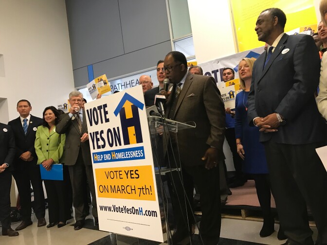 L.A. County Supervisor Mark Ridley-Thomas kicks off the campaign to raise L.A.'s sales tax to pay for homeless services.